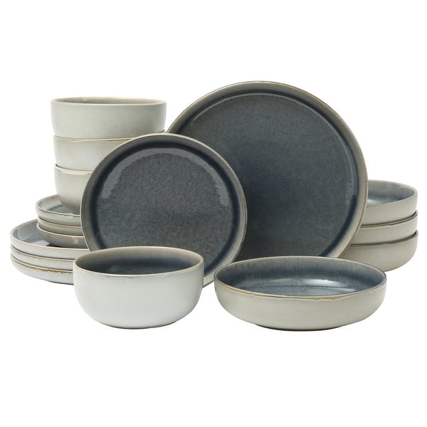 Gibson Elite Sunveil 16 Piece (Service for 4) Reactive Glaze Round Dishes Stoneware Ceramic Dinnerware Set -Taupe - Blue
