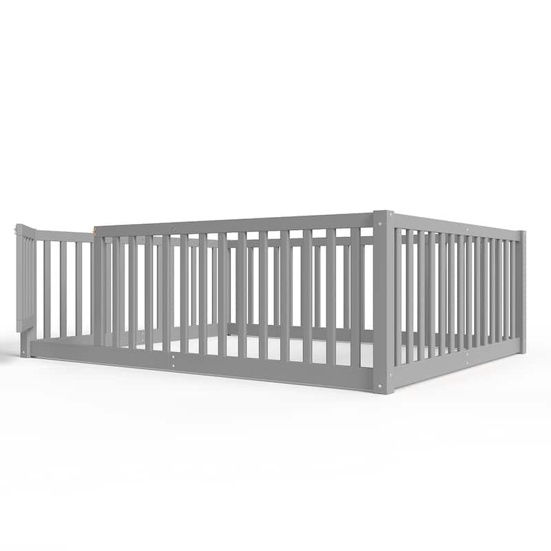 Montessori Floor Bed with Safety Guardrails & Door, Kids Low Profile Frame, Available in Queen/Full/Twin