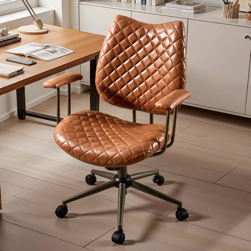 HOOOWOOO Mid-Century Leather Ergonomic Office Chair Adjustable Swivel Task Chair - PU-Light Brown