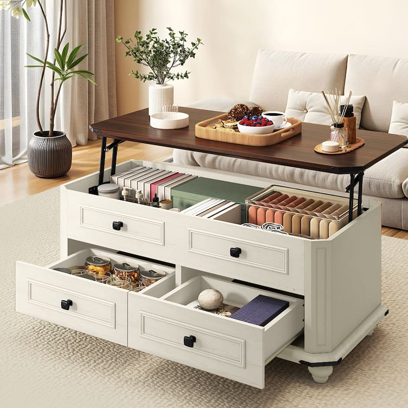Moasis Farmhouse Lift Top Coffee Table w/2 Drawers Hidden Compartment and Storage, Square/Rectangular
