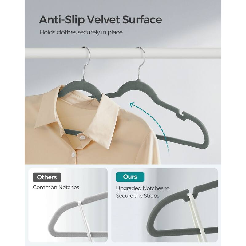 Space-Saving Velvet Anti-Slip Coat Hangers with Shoulder Notches and Swivel Hook