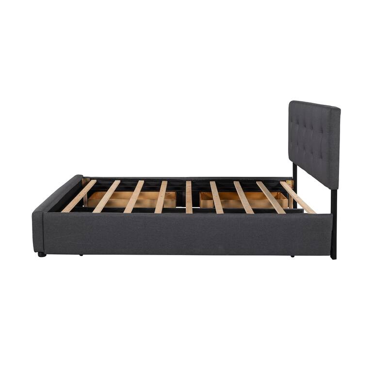 Queen Size Upholstered Bed with 2 Storage Drawers & Twin XL Trundle, Wooden Platform Bedframe, Tufted Headboard, Linen Fabric