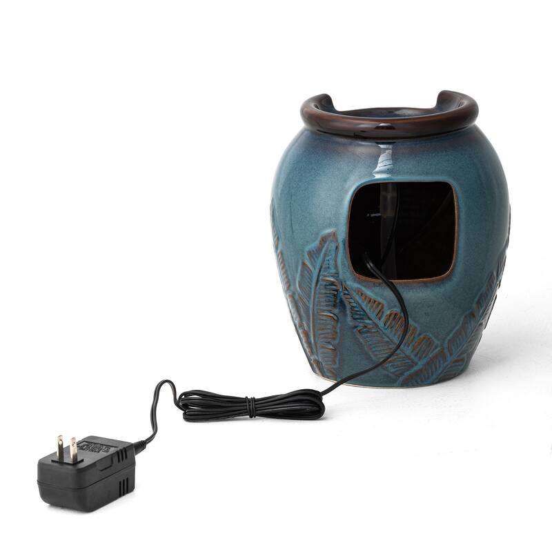 Glitzhome 9"H Leaf Textured Ceramic Jar Indoor Tabletop Water Fountain with LED Lights