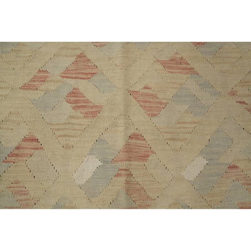Hand Woven Oriental 100% Wool Carpet Southwestern Tribal Beige & Ivories Kilim Area Rug - 9' 8'' X 6' 8''