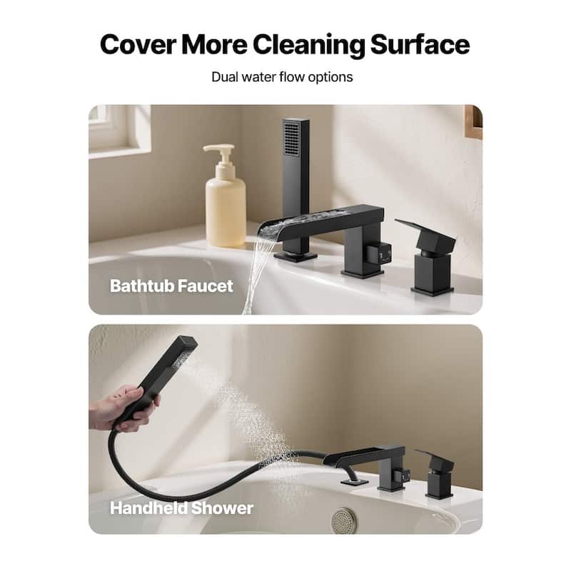 Matte Black Stainless Steel Roman Tub Faucet with Handheld Shower - 6.3 L x 2.8 W x 9.61 H in