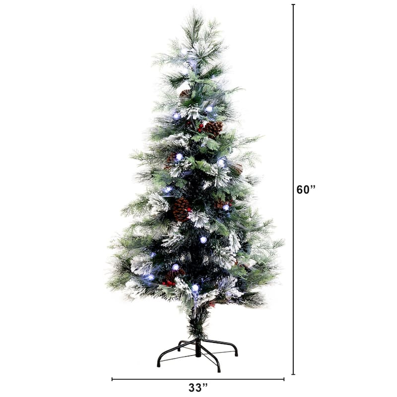 5ft. Flocked Pre-Lit Fiber Optic Artificial Pinecone and Berries Christmas Tree with 48 White LED Lights - Sparkling X-Mas Tree