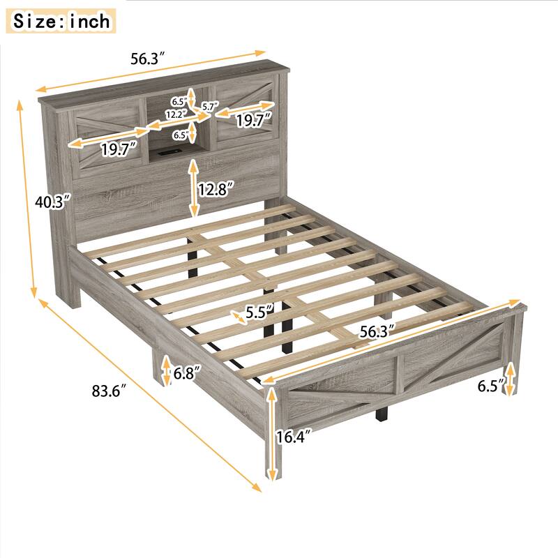 Double Sliding Barn Door Storage Headboard Wood Platform Bed Frame, Charging Station Bookcase Bed, Low Profile Bed
