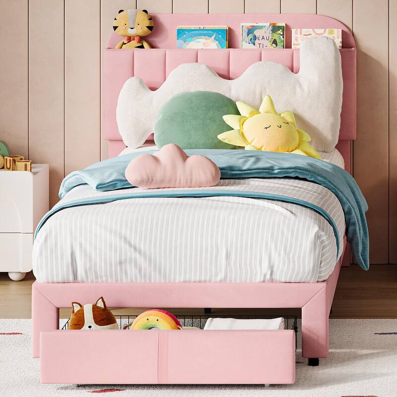 Bed Frame with Drawer, Velvet Upholstered Platform Bed Frame with Storage Headboard - Pink