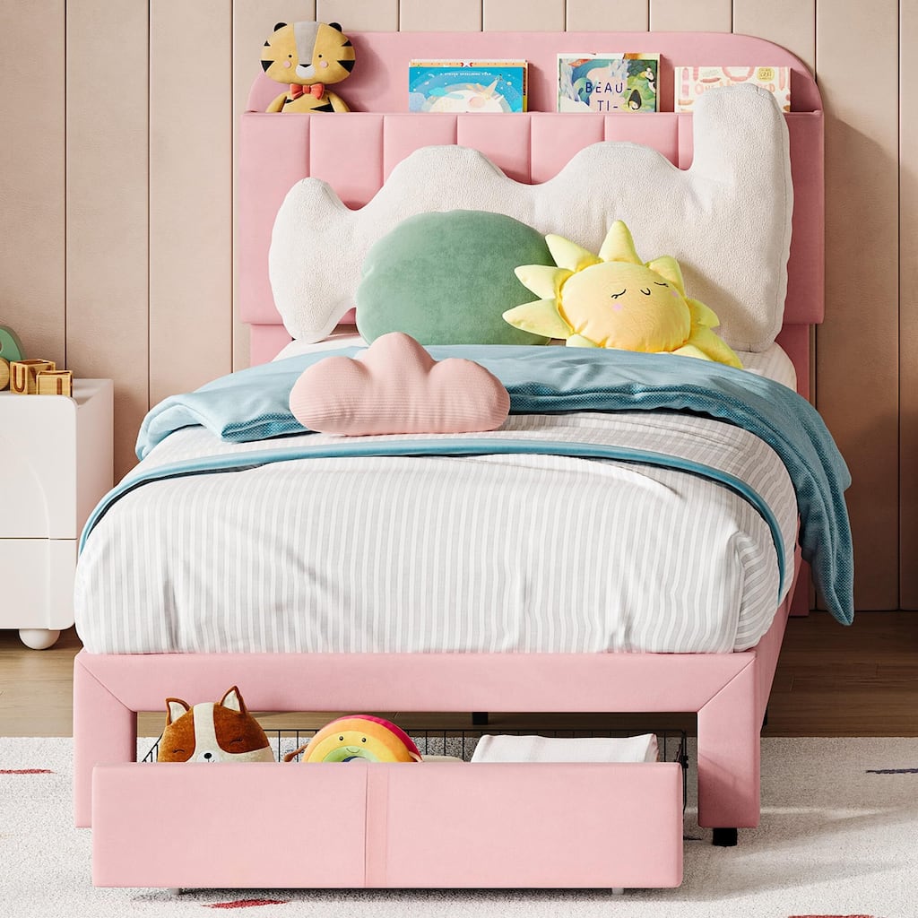 Bed Frame with Drawer, Velvet Upholstered Platform Bed Frame with Storage Headboard