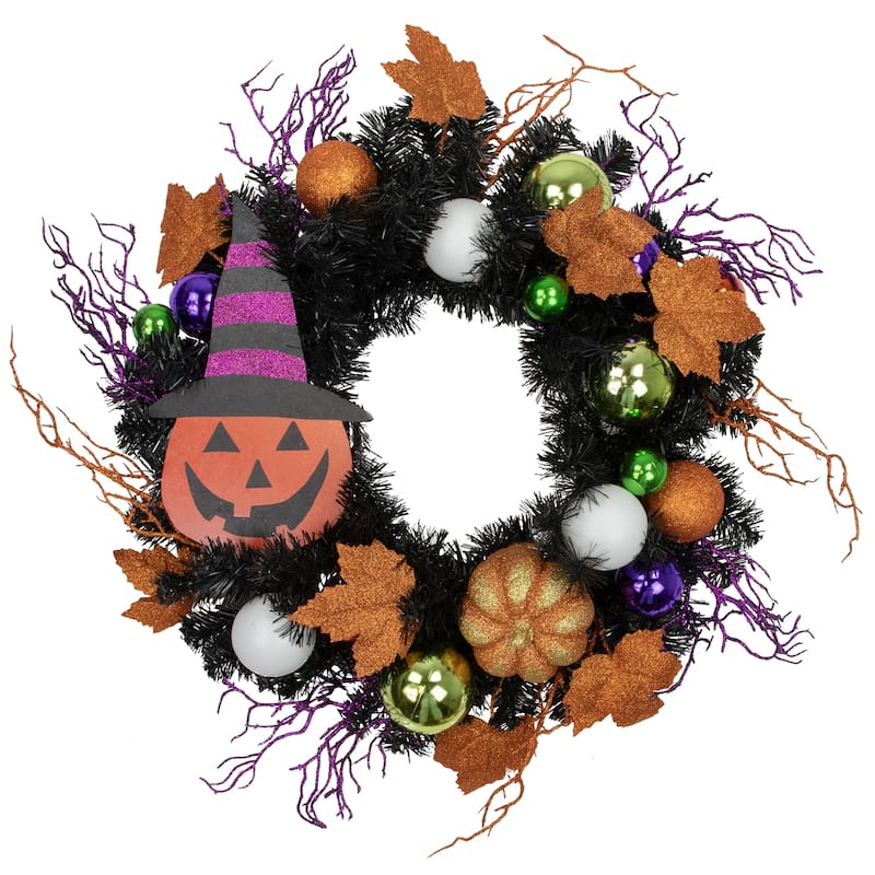 Jack-O-Lantern in Witches Hat Halloween Pine Wreath 24-Inch Unlit