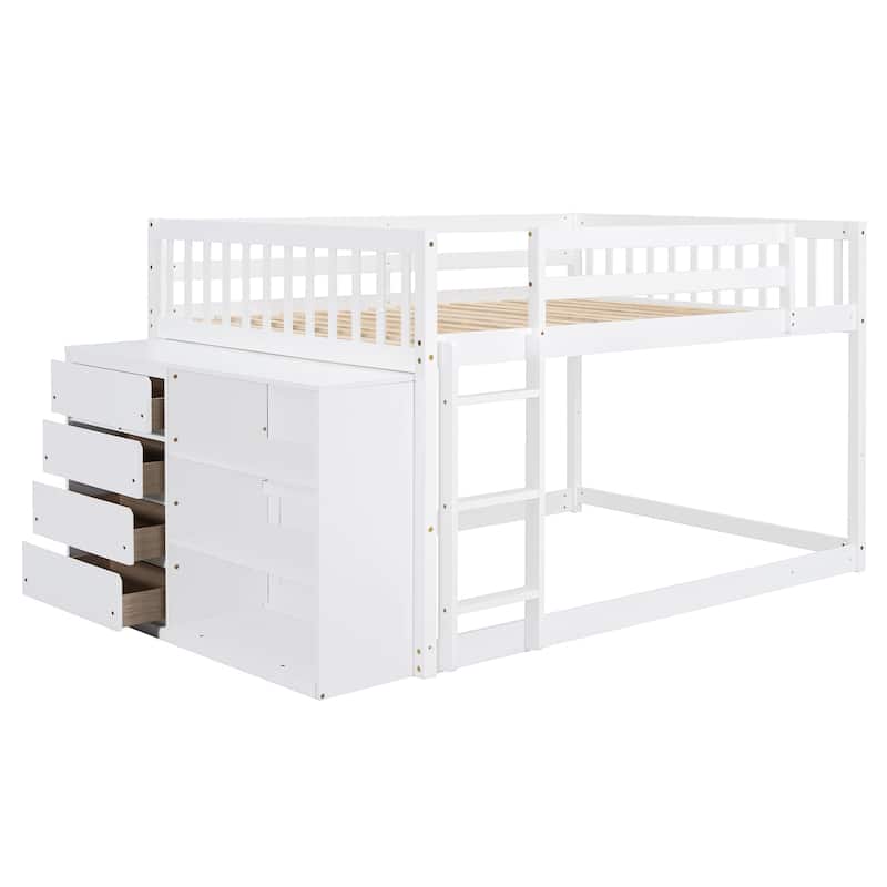 Full Over Full Bunk Bed with 4 Drawers and 3 Shelves in Solid Pine