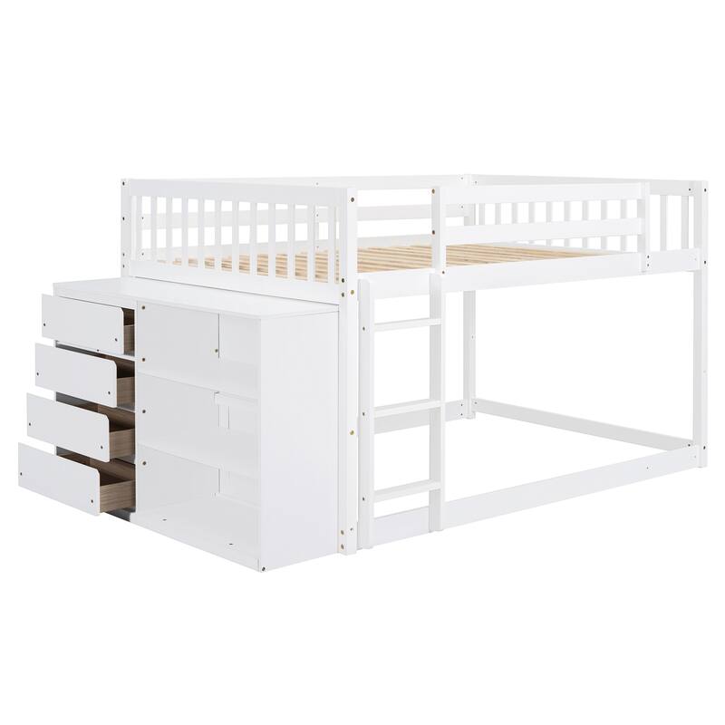 Full Size Bunk Bed with Drawers, Shelves & Reversible Ladder, Durable Solid Wood Structure