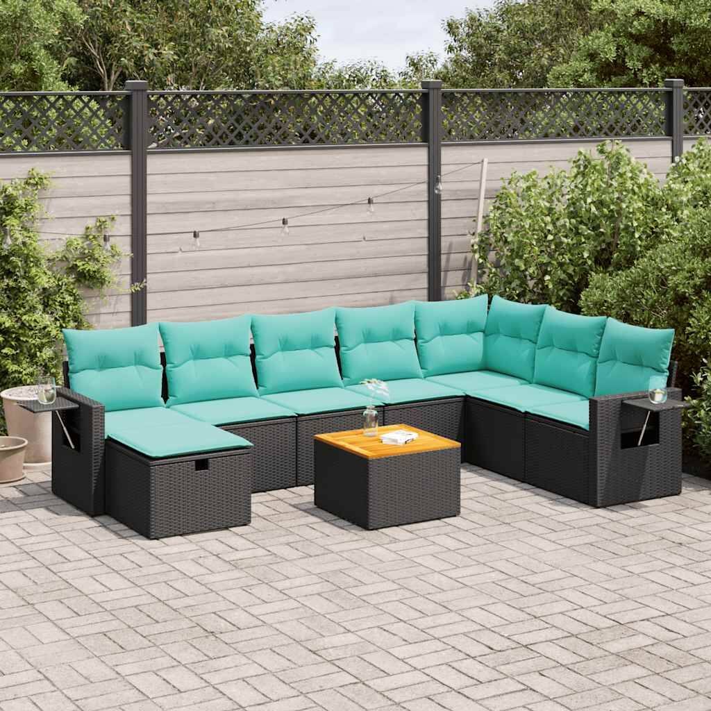 vidaXL 9 Piece Patio Sofa Set with Cushions Black Poly Rattan - 21.7 x 24.4 x 27.2