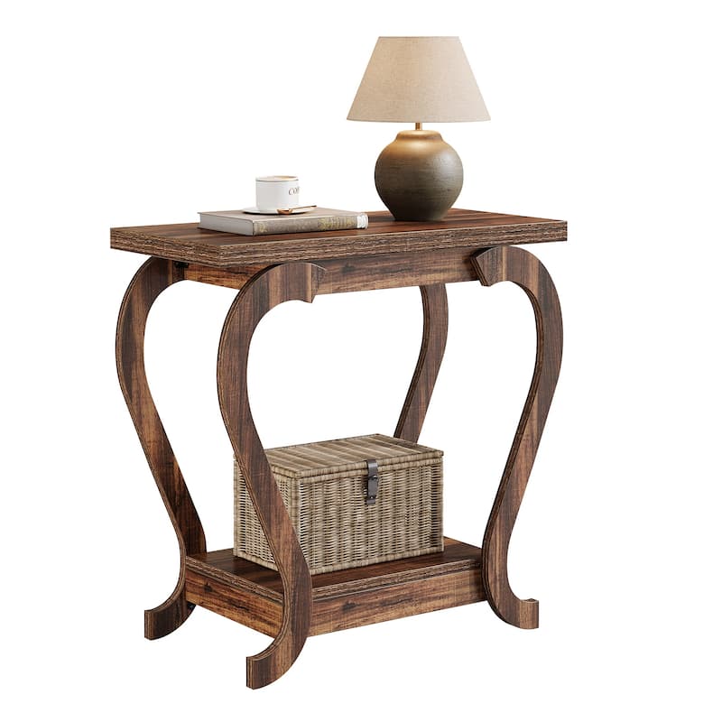 2-Tier End Table, Narrow Wood Side Table with Storage Shelves