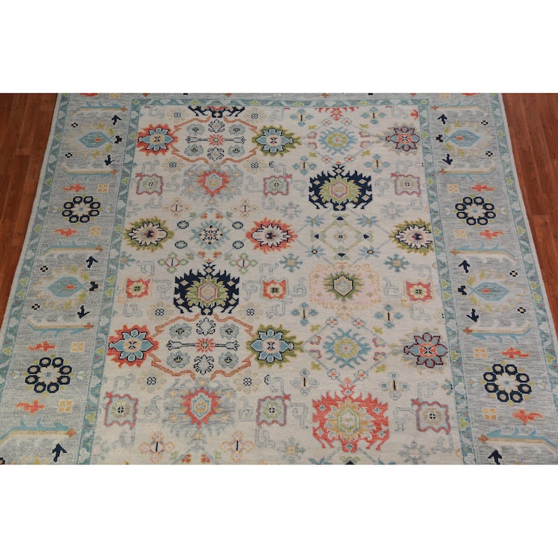All-Over Geometric Oushak Indian Area Rug Hand-Knotted Wool Carpet - 9'0" x 11'11"