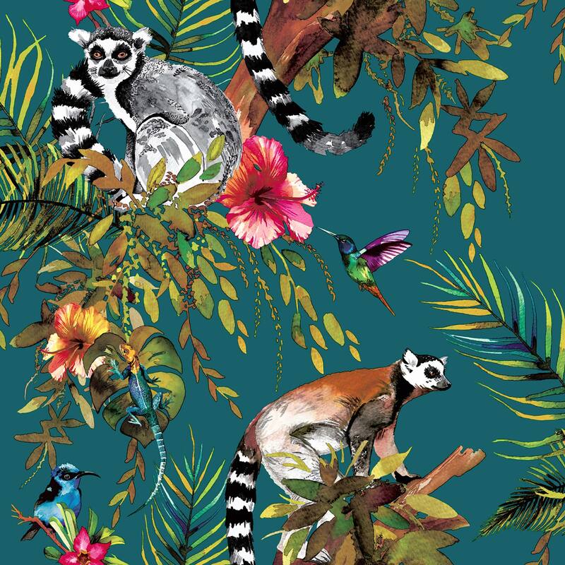 Tropical Lemur Non-Pasted Wallpaper – 396 in x 20.8 in - Teal