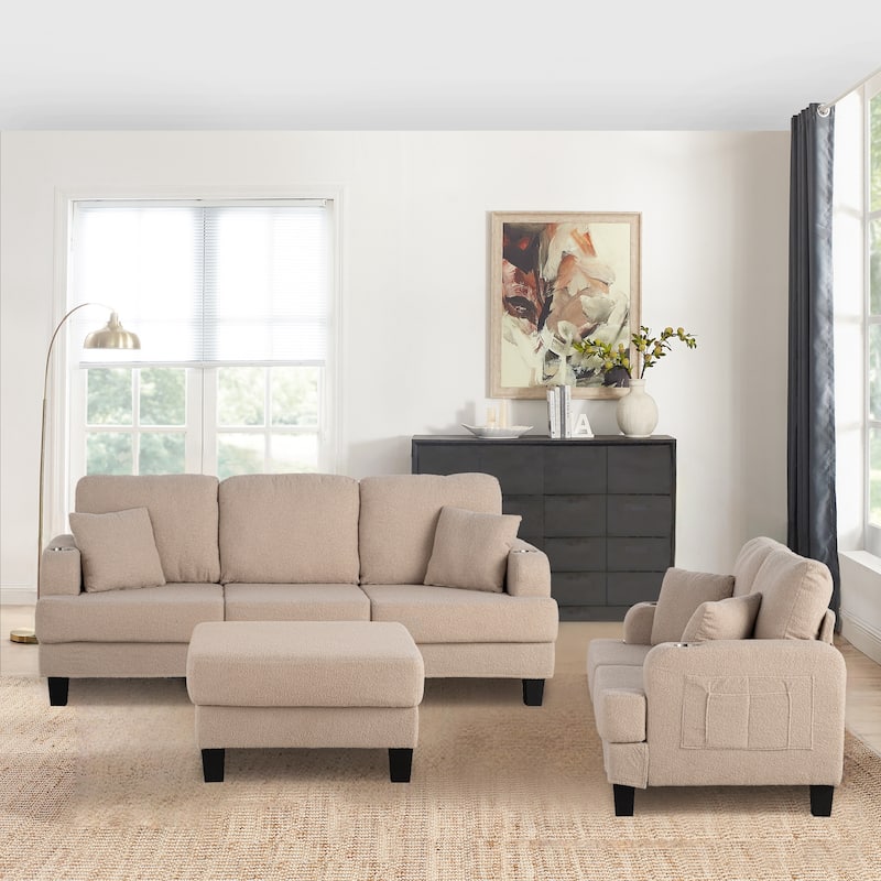 Modern Beige 3-piece Sectional Sofa Set with Loveseat and Storage Ottoman - Beige