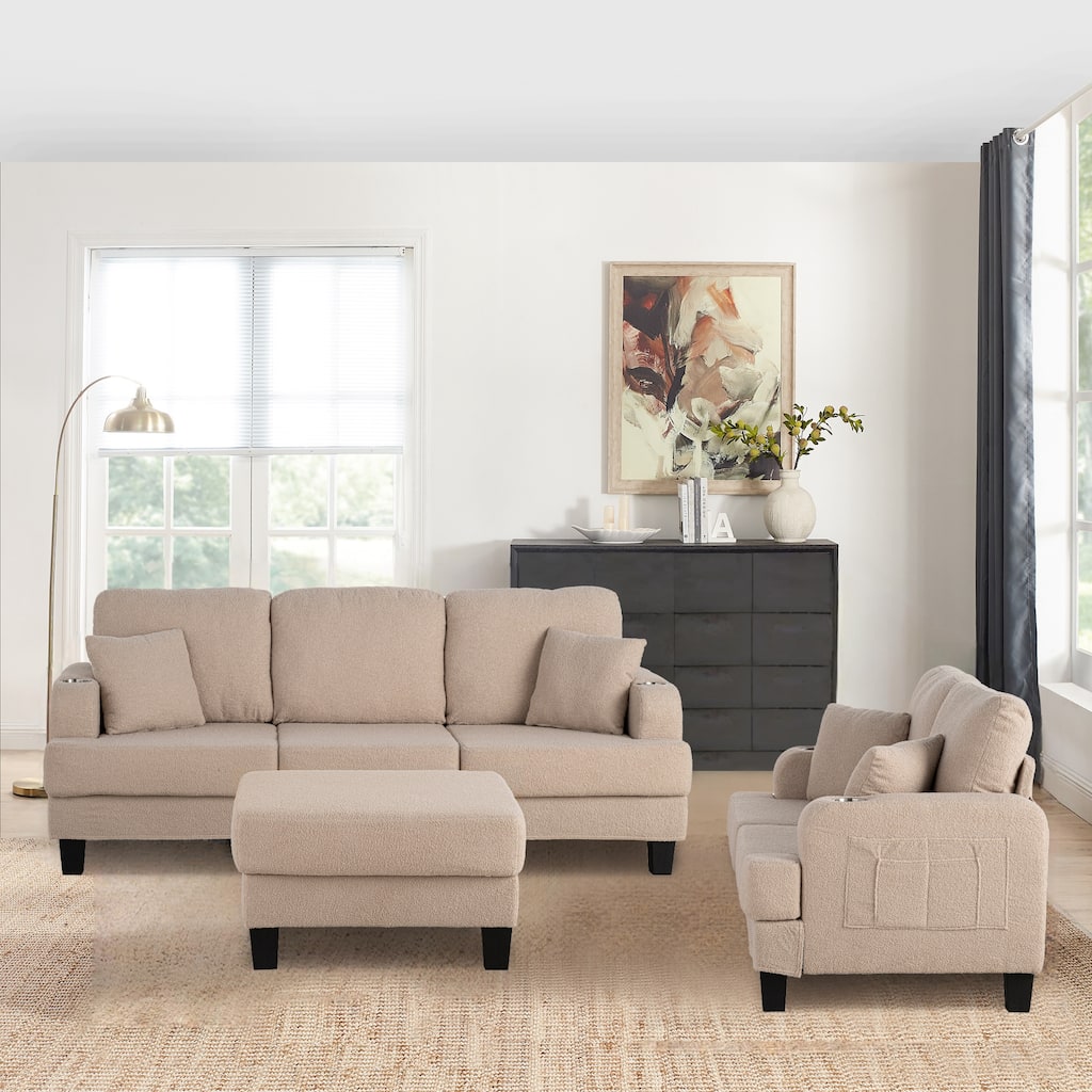 Modern Beige 3-piece Sectional Sofa Set with Loveseat and Storage Ottoman