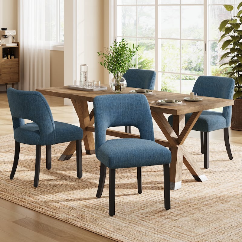 Set of 2/4/6 Modern Fabric Upholstered Dining Room Chair Kitchen Chairs with Wood legs - Set of 4 - Dark Blue