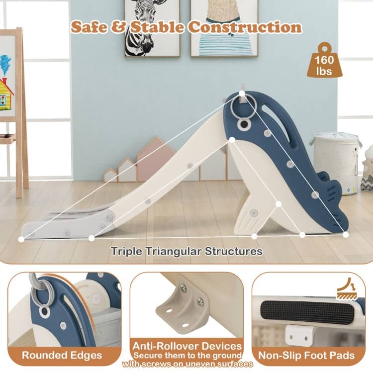 Foldable Freestanding Baby Slide Climber Playset with Basketball Hoop for Kids-Blue - Multi