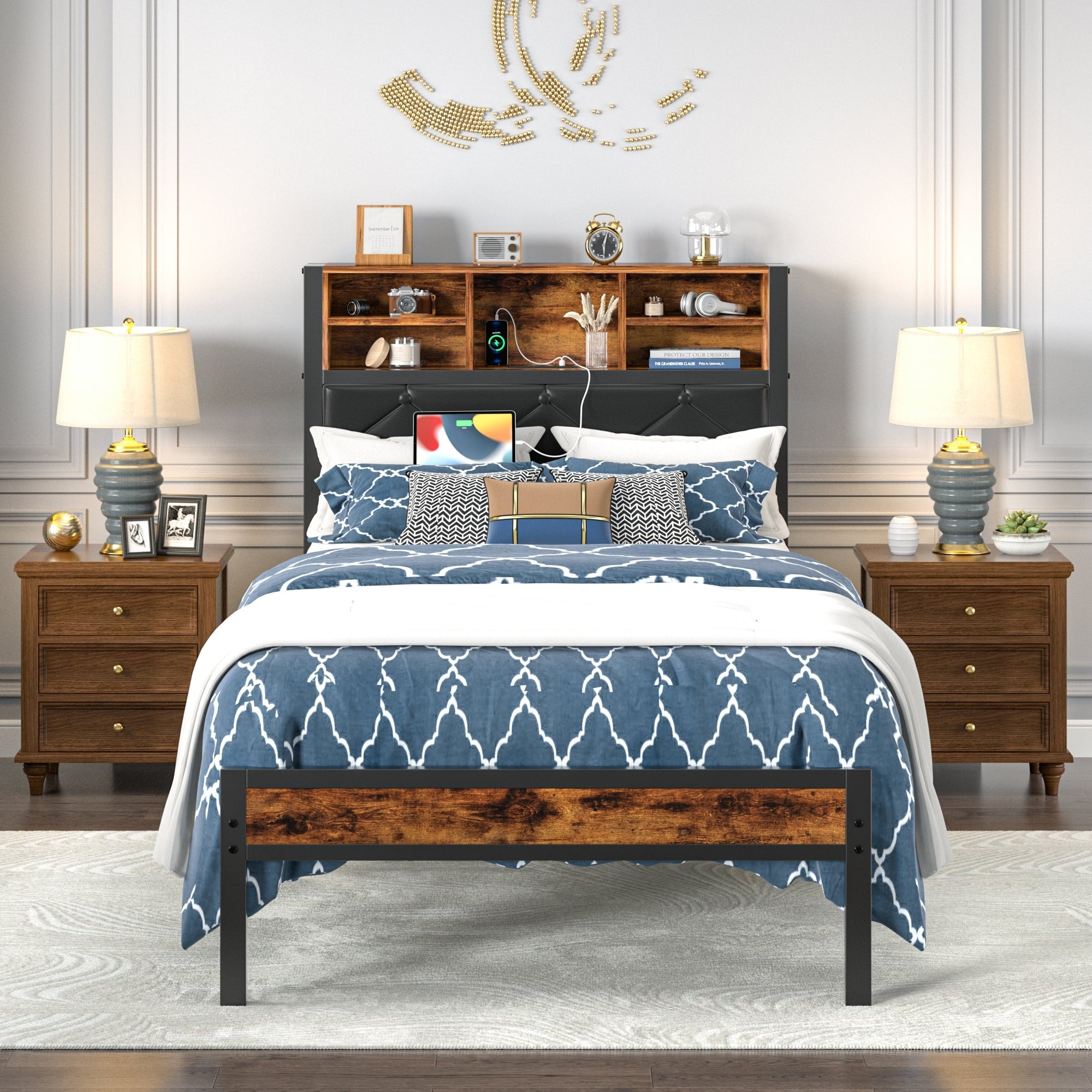 VECELO Bed Frames with Charging Station and LED Lights, Upholstered Headboard with Storage Shelves