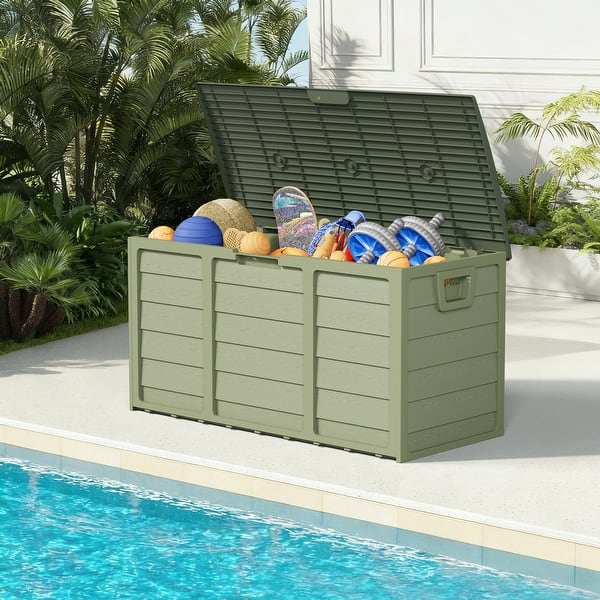 75 Gallon Outdoor Storage Deck Box Weatherproof Woodgrain Patio Storage Box for Balcony, Garden, Backyard - Green