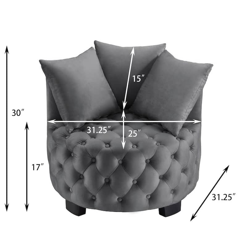 Velvet Upholstered Accent Chair, Button Tufted Round Club Chair, Lounge Reading Chair with 3 Pillows & Curved Back