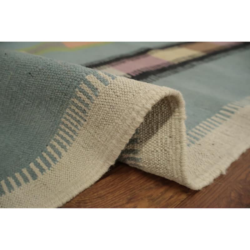 Hand Woven Oriental 100% Wool Carpet Southwestern Modern Navy Blue & Blues Kilim Area Rug - 9' 10'' X 9' 6''