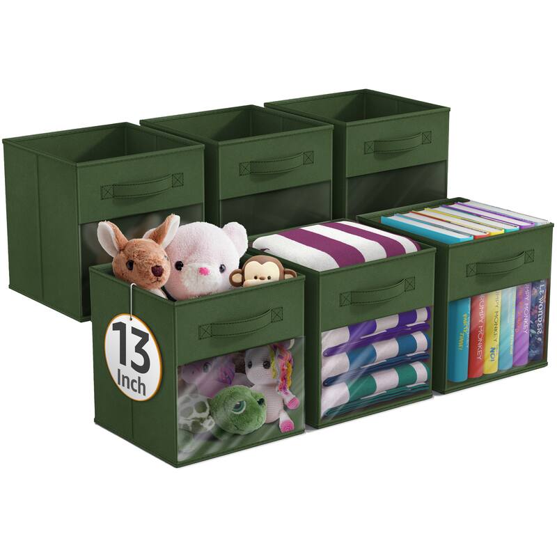 Sorbus 13" Large Storage Bin with Clear Window – 6-Pack Foldable Fabric Organizers - 13” L x 13” W x 13” H - Dark Green