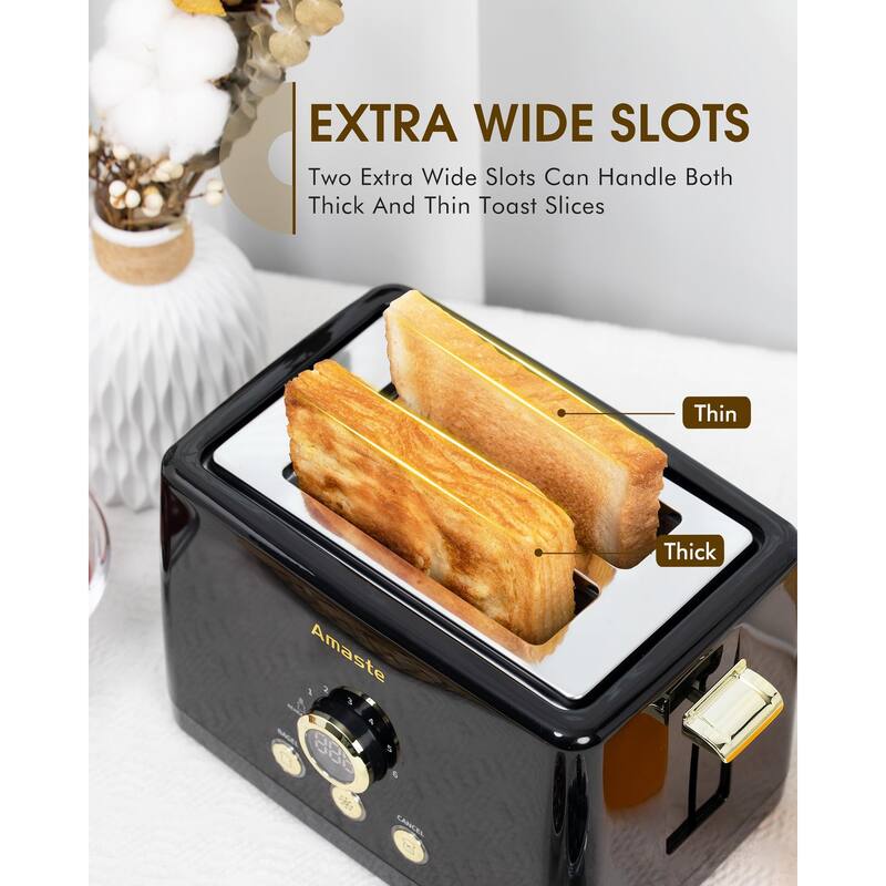 2 Slice Toaster, Retro Bread Toaster with LED Digital Countdown Timer