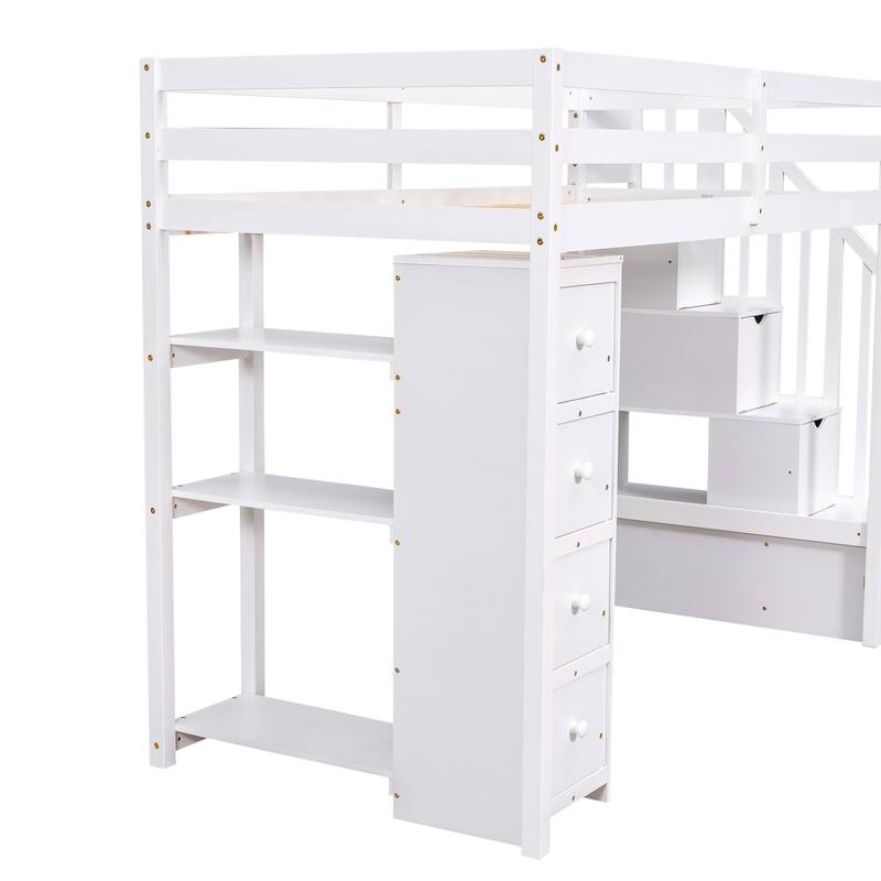 Twin-Size Loft Bed with 4 Drawers and Storage Stairs, Solid Wood Twin High Loftbed Bedframe with Shelves for Kids Teens/Bedroom