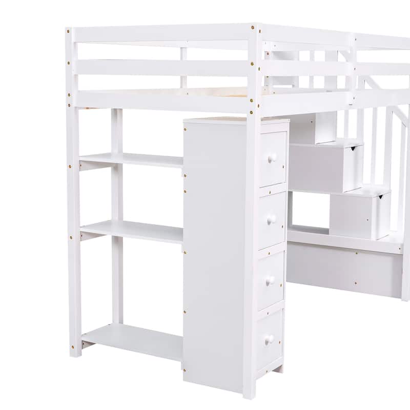 Twin size Loft Bed with Storage Drawers and Stairs, Wooden Loft Bed with Shelves - Espresso