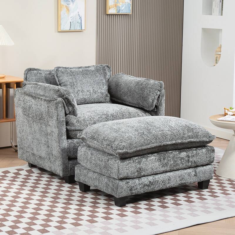 Boucle Oversized Sofa Chair With Ottoman - Dark Grey