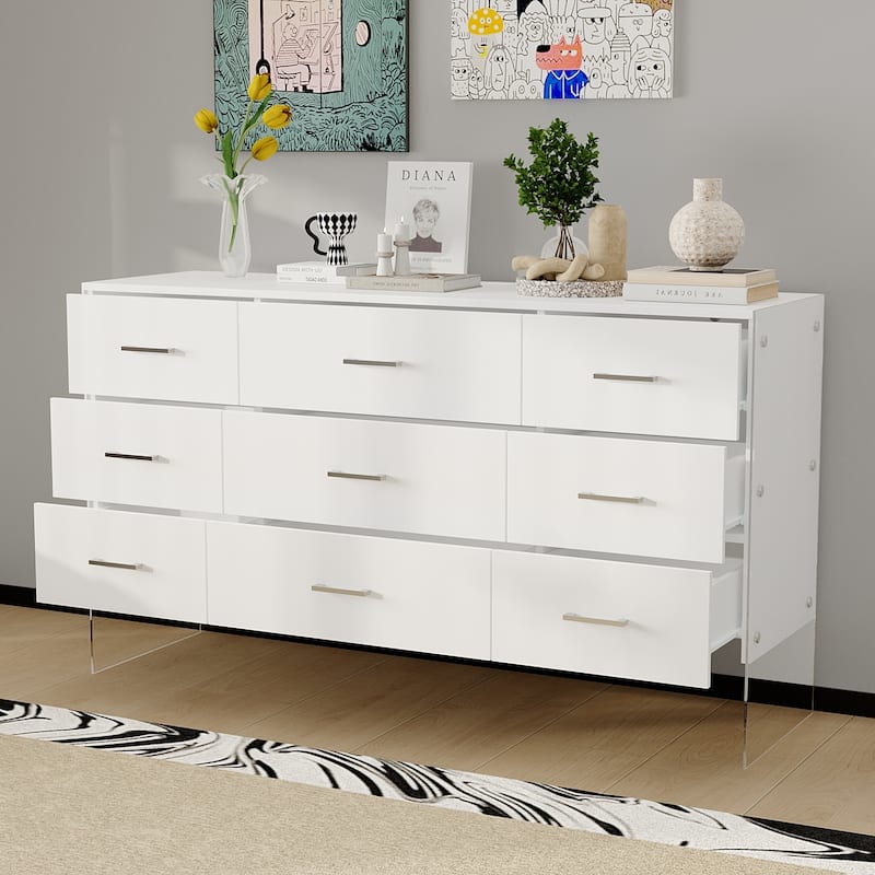 Dresser Chest of 9 Drawers Triple Dresser with Glass Legs White
