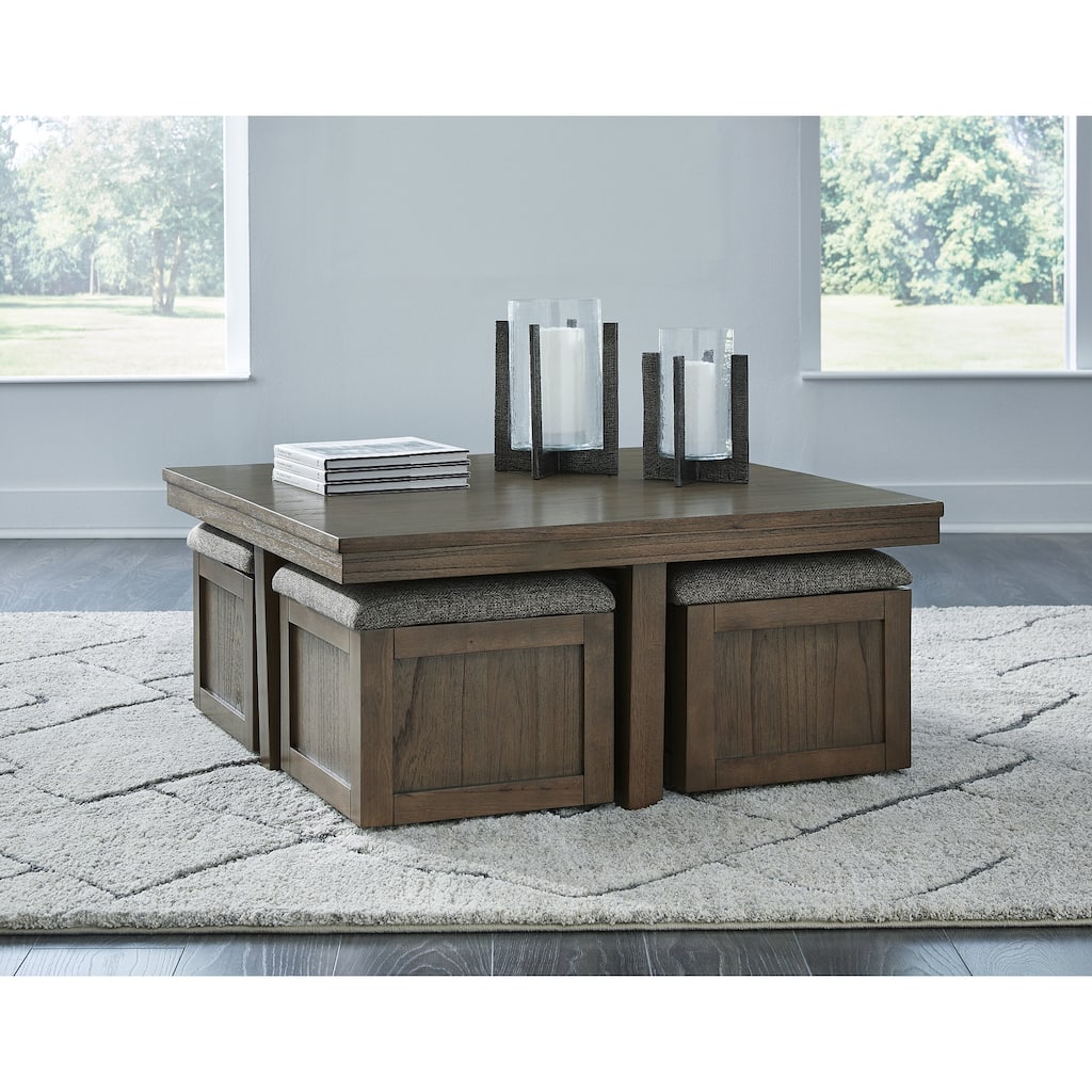 Signature Design by Ashley Boardernest Brown Coffee Table with 4 Stools - 40"W x 40"D x 18"H