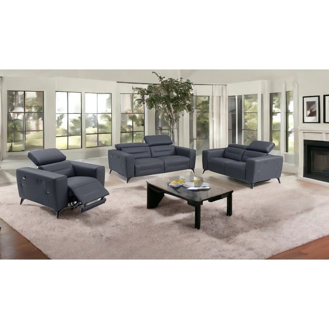 HomeRoots Three Piece Indoor Dark Gray Italian Leather Six Person Seating Set - Dark Gray