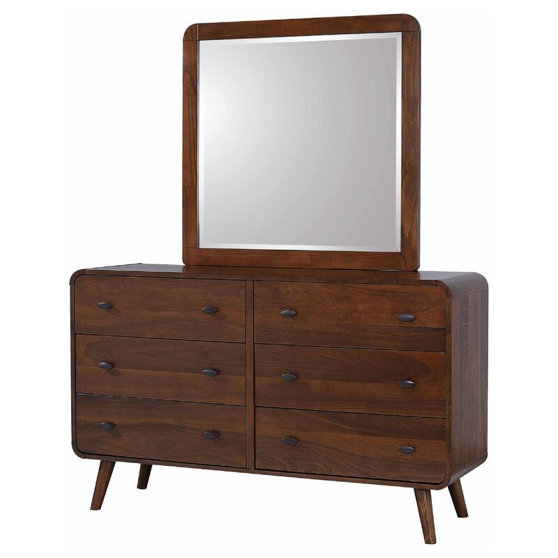 Ryb Wide Dresser with Mirror, 6 Drawers, Dark Walnut Brown Wood Frame