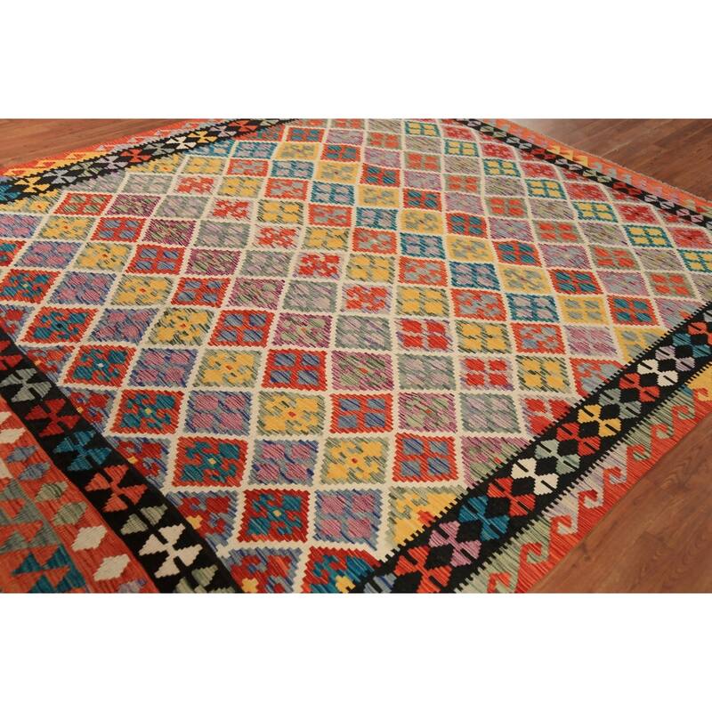 All-Over Trellis Geometric Kilim Area Rug Hand-Woven Wool Carpet - 8'4" x 9'8"