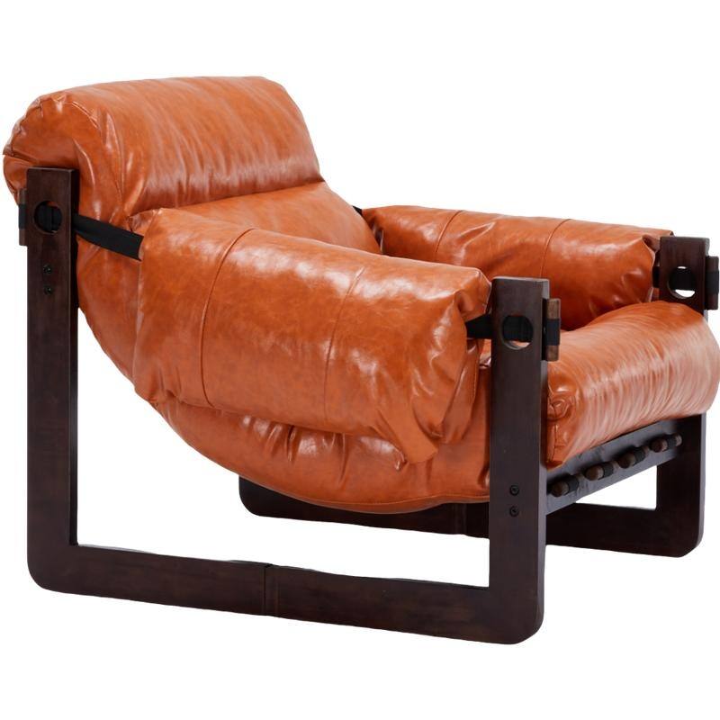 Vintage Orange Medieval Modern Lounge Chair - Removable Armrests, Waxed Leather & Rubberwood Frame