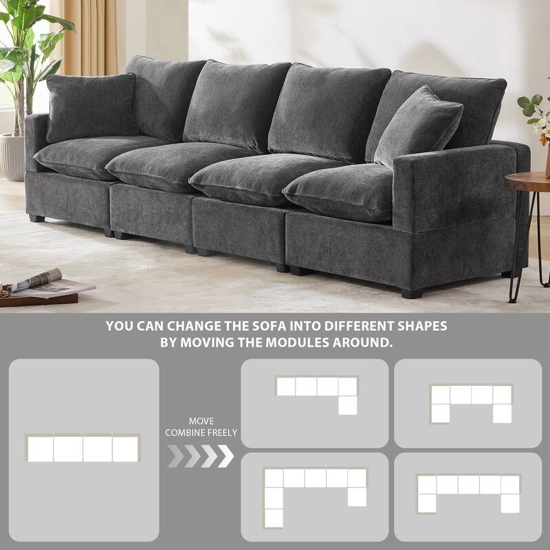 Black 84" Modular Chenille 4-Seat Sectional Sofa Set with 2 Pillows and Removable Cushions, Perfect for Living Space