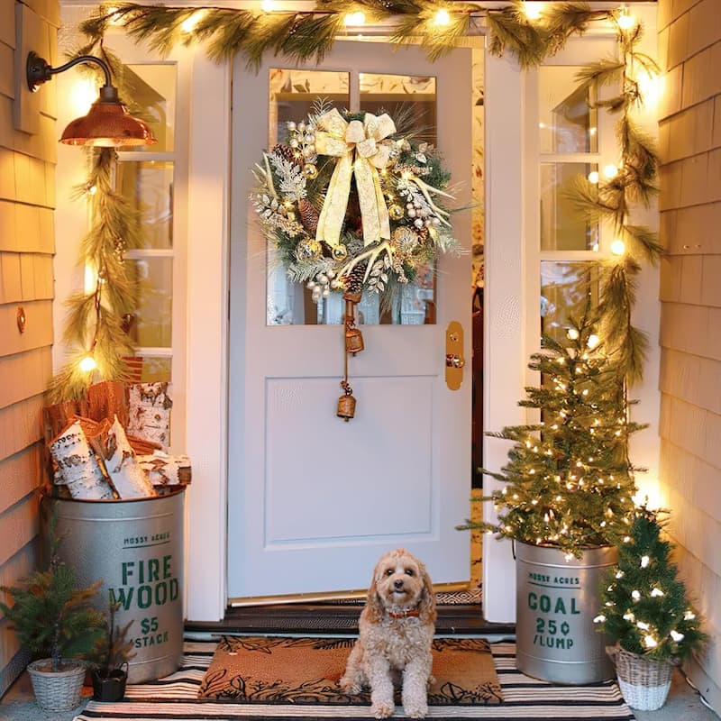 24 Inch Christmas Wreath with Lights for Front Door with Antlers Gold Balls - N/A