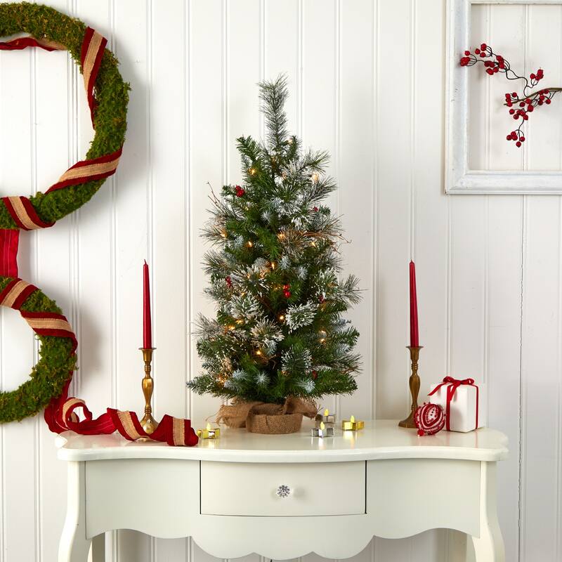 3ft. Artificial Christmas Tree with Clear Lights, Berries & Burlap Bag - Petite Festive Holiday X-Mas Accent