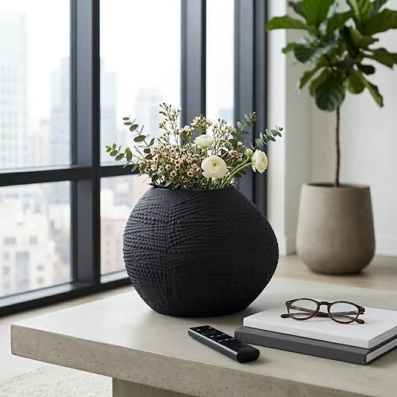 Glass Round Textured Modern Flower Vase - Black, 8"