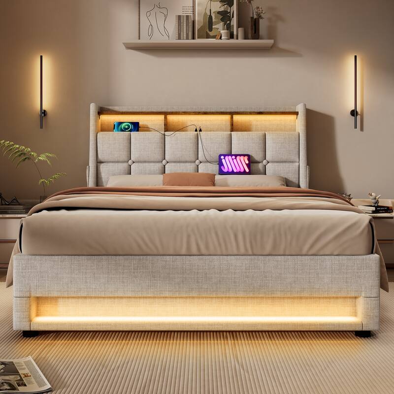 Roomfitters Full Size Upholstered Platform Bed with Storage System, USB Charging Ports
