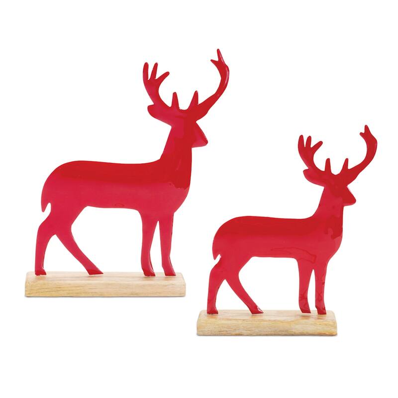 Two-Piece Metal Deer Figures with Mango Wood Stand and Red Finish Perfect for Rustic Holiday Decor - 9”L x 2”W x 11”H