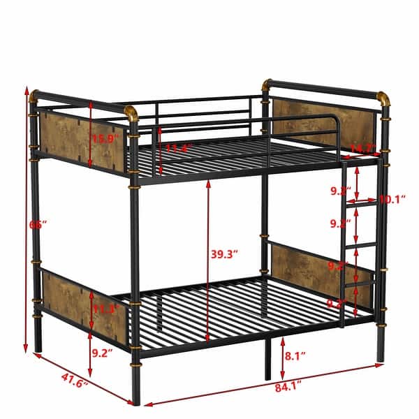 dimension image slide 1 of 5, Metal Bunk Bed Retro Bed Frame with Ladder and Guardrail, Industrial Detachable Bunkbeds Convertible to 2 Platform Beds Frame