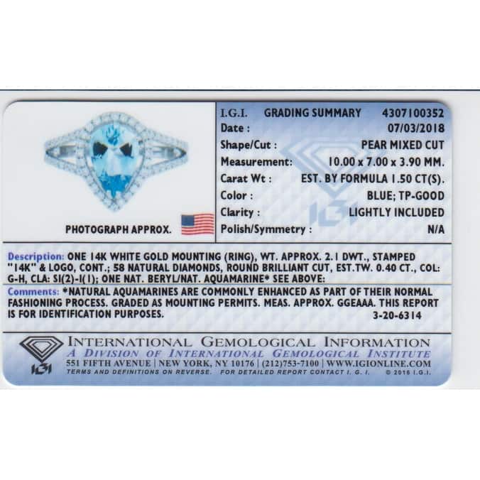 IGI Certified 1.50 ct Aquamarine and Diamond Ring in 14k White Gold