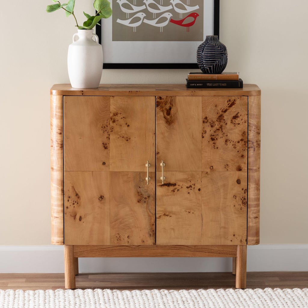 Latika Real Burl Wood Storage Cabinet in Dark Walnut Brown - Modern Accent Cupboard with Double Doors and Brass Handles