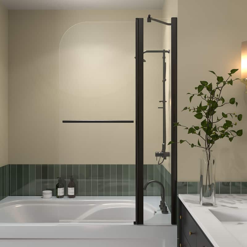 58''H Bathtub 6mm Tempered Glass Frameless Shower Door, Fixed Glass Half Panel in Black