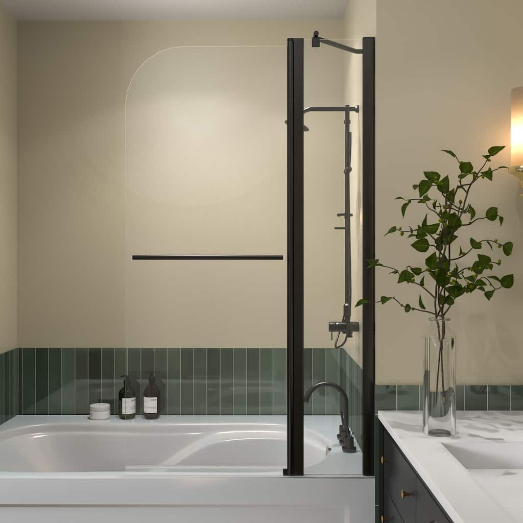 58''H Bathtub 6mm Tempered Glass Frameless Shower Door, Fixed Glass Half Panel in Black